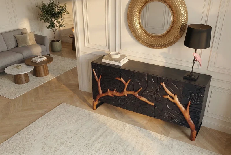 Buffet massif FOREST 160cm bois de manguier marron noir six compartiments façade 3D