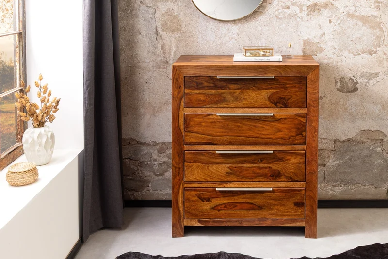 Commode en bois massif PURE 100cm finition pierre marron Sheesham avec quatre tiroirs