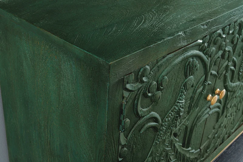 Buffet massif PEACOCK 175cm en bois de manguier vert antique sculpture 3D design paon