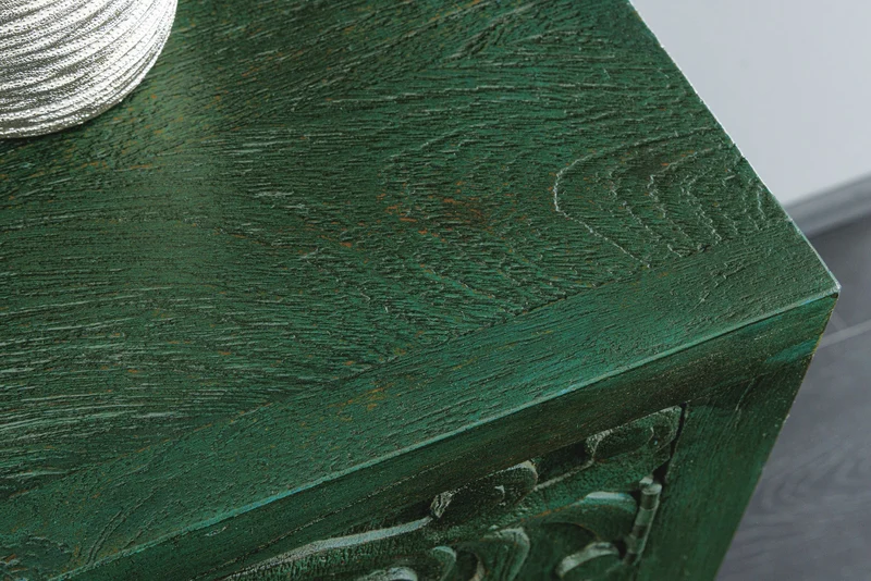 Buffet massif PEACOCK 175cm en bois de manguier vert antique sculpture 3D design paon