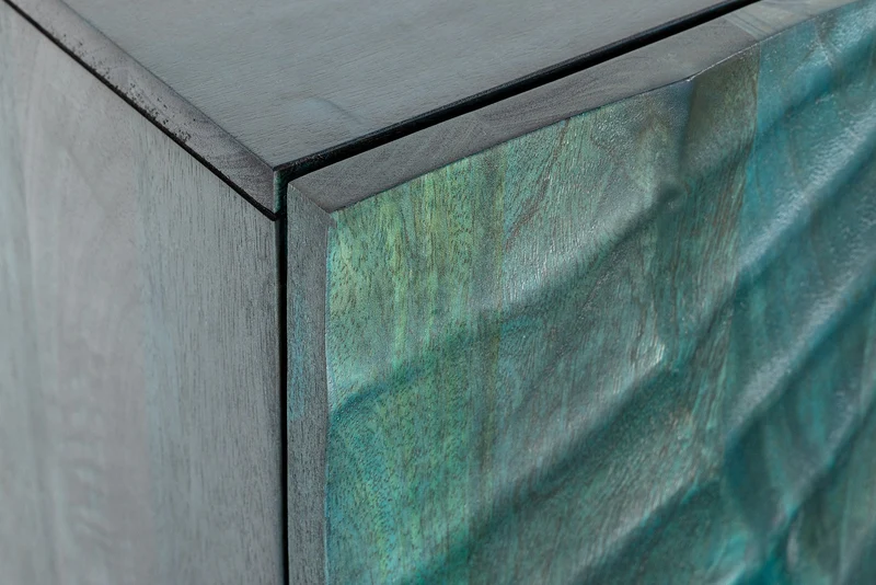 Buffet massif SCORPION 180cm bois de manguier turquoise métal doré sculptures 3D
