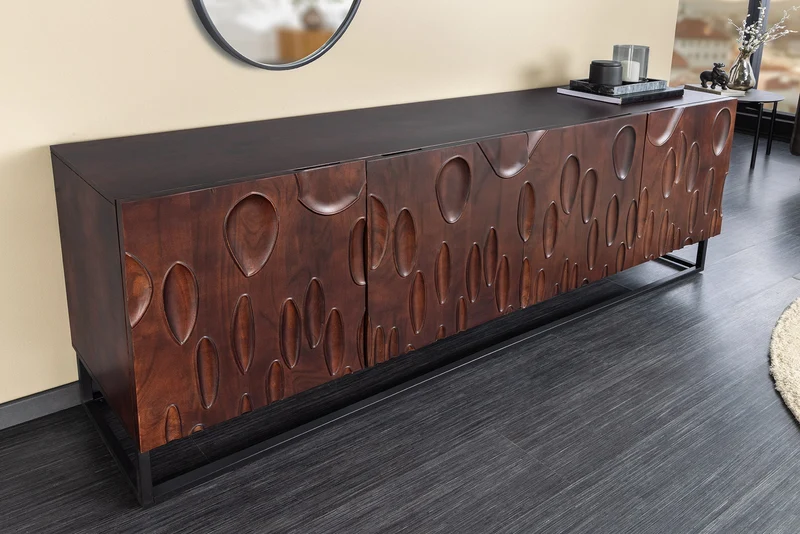 Buffet massif DUNE 175cm bois d’acacia marron noyer design 3D métal noir