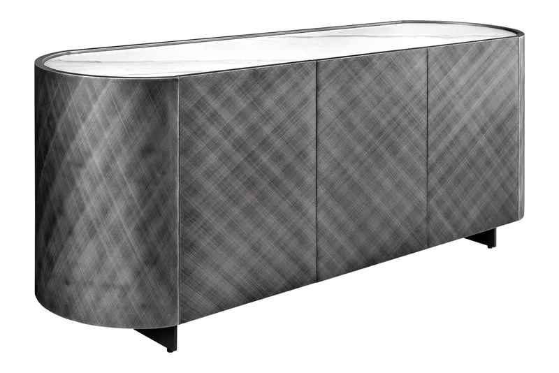 Buffet design REFLECTION 150cm marbre céramique blanc effet 3D anthracite finition brossée