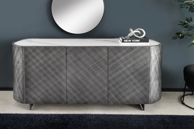 Buffet design REFLECTION 150cm marbre céramique blanc effet 3D anthracite finition brossée