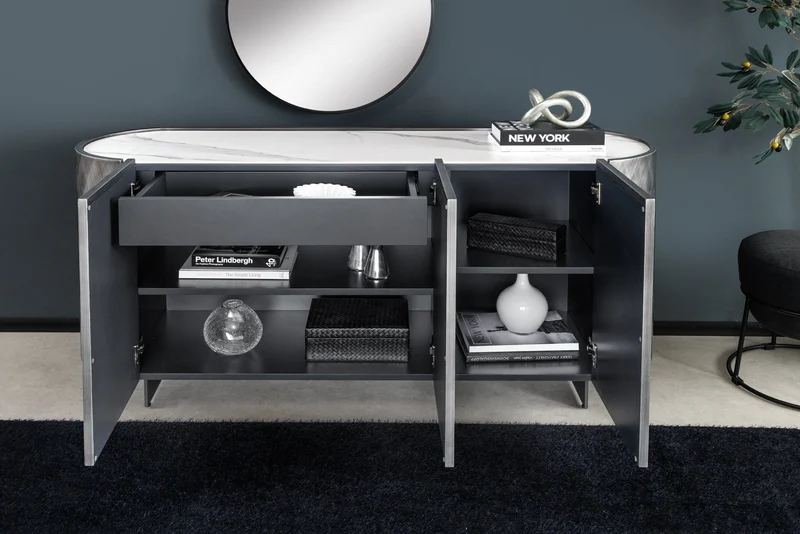 Buffet design REFLECTION 150cm marbre céramique blanc effet 3D anthracite finition brossée