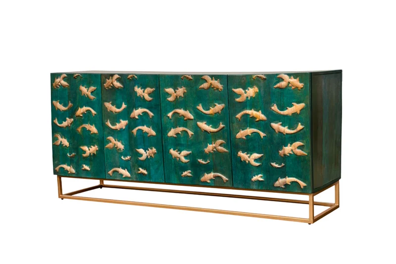 Buffet massif GOLDEN LAGOON 180cm turquoise doré bois de manguier métal façade 3D