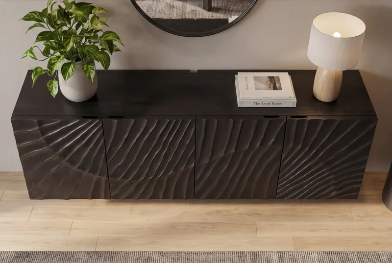 Buffet massif SCORPION 180cm noir suspendu en manguier design 3D