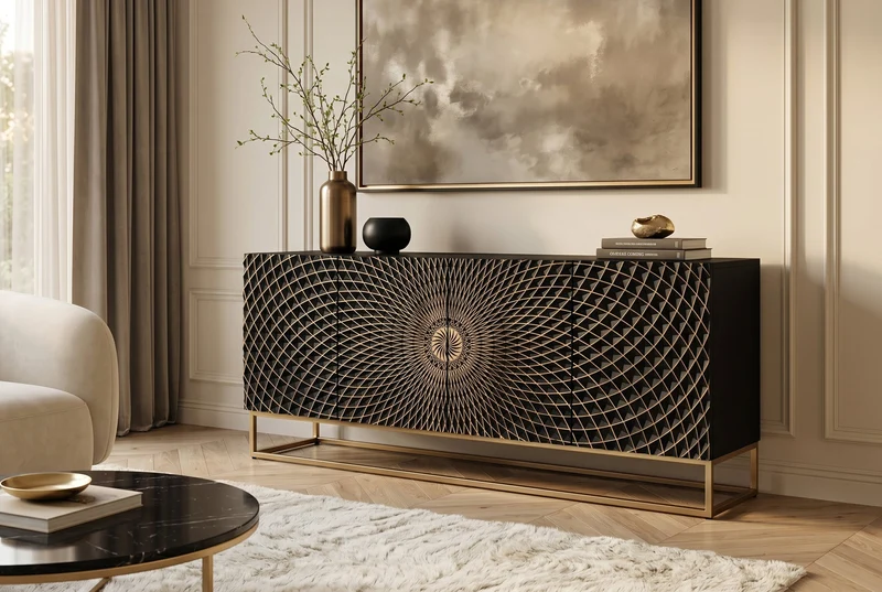 Buffet design ILLUSION 180cm en bois de manguier massif noir avec sculptures 3D structure en métal fer doré