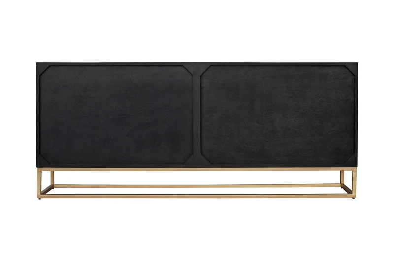 Buffet design ILLUSION 180cm en bois de manguier massif noir avec sculptures 3D structure en métal fer doré