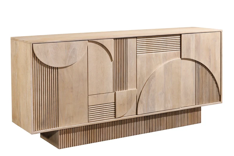 Buffet design ART DECO 170cm en manguier massif cérusé blanc façade 3D