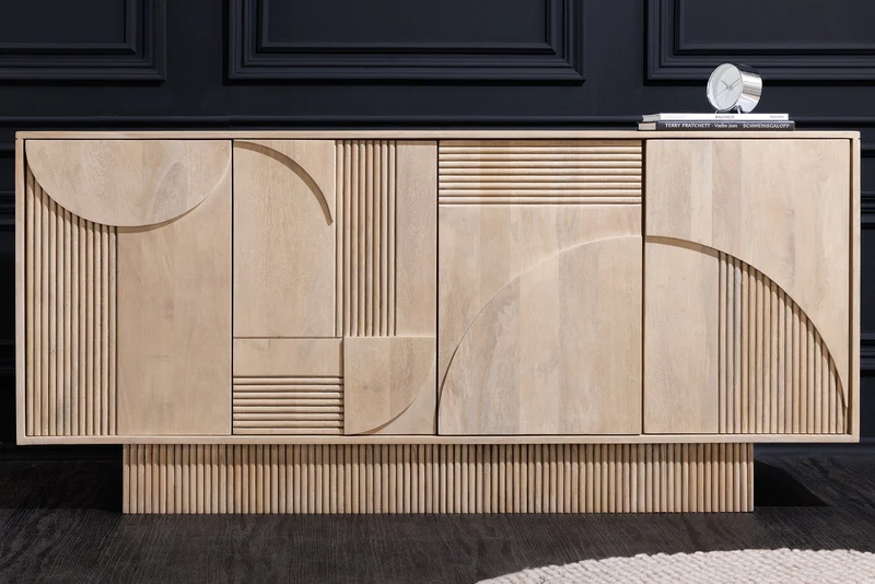 Buffet design ART DECO 170cm en manguier massif cérusé blanc façade 3D