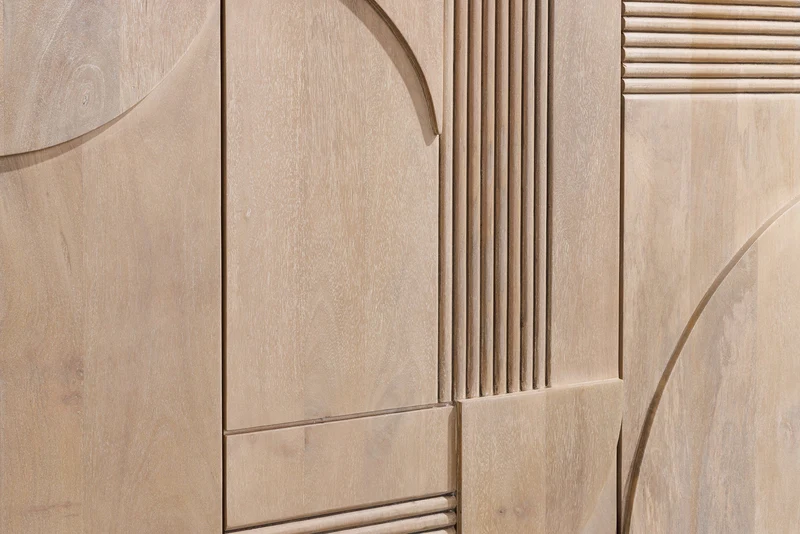 Buffet design ART DECO 170cm en manguier massif cérusé blanc façade 3D