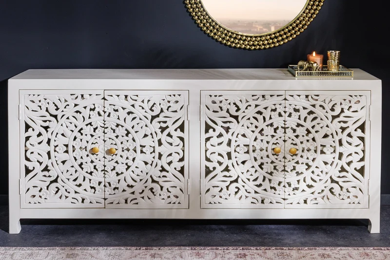 Buffet massif MARRAKESCH 170cm en manguier blanc avec décoration faite main