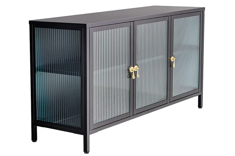 Buffet moderne AMSTERDAM 105cm vitrine en métal verre nervuré noir doré