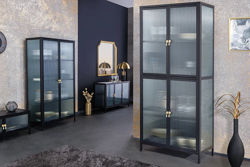 Buffet moderne AMSTERDAM 105cm vitrine en métal verre nervuré noir doré