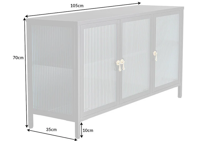 Buffet moderne AMSTERDAM 105cm vitrine en métal verre nervuré noir doré