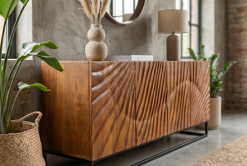 Buffet massif SCORPION 180cm en bois de manguier marron avec sculptures 3D élaborées