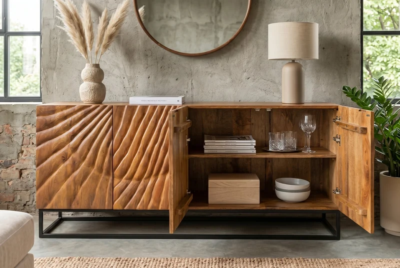 Buffet massif SCORPION 180cm en bois de manguier marron avec sculptures 3D élaborées