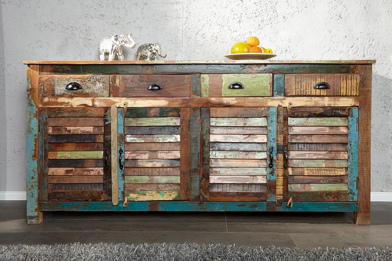 Buffet unique JAKARTA 160cm en bois massif recyclé coloré provenant de bateaux de pêche