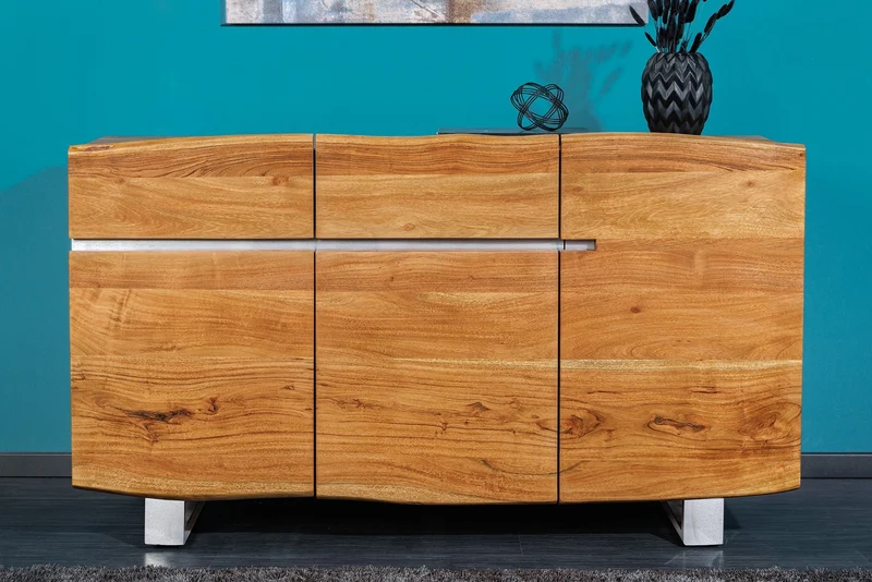 Buffet en bois massif MAMMUT 135cm commode en acacia bord d’arbre en acier inoxydable