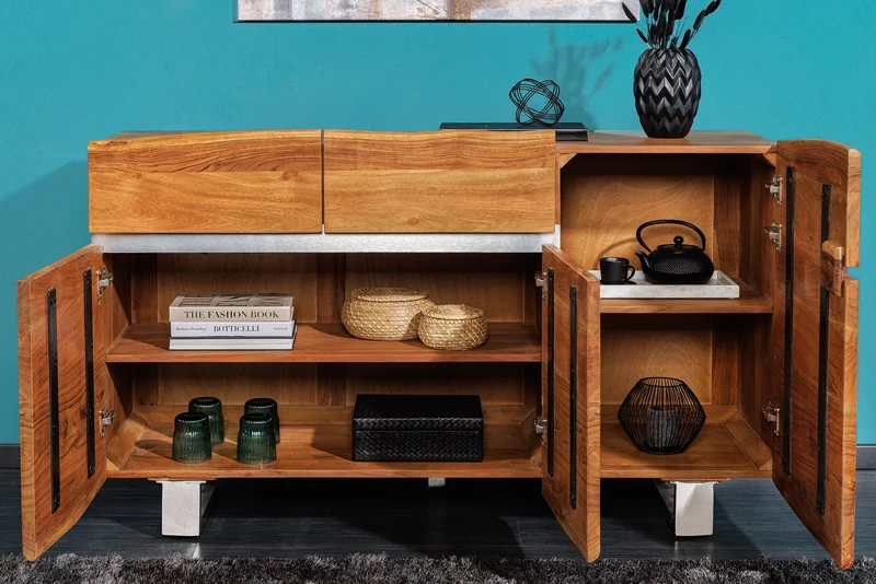 Buffet en bois massif MAMMUT 135cm commode en acacia bord d’arbre en acier inoxydable