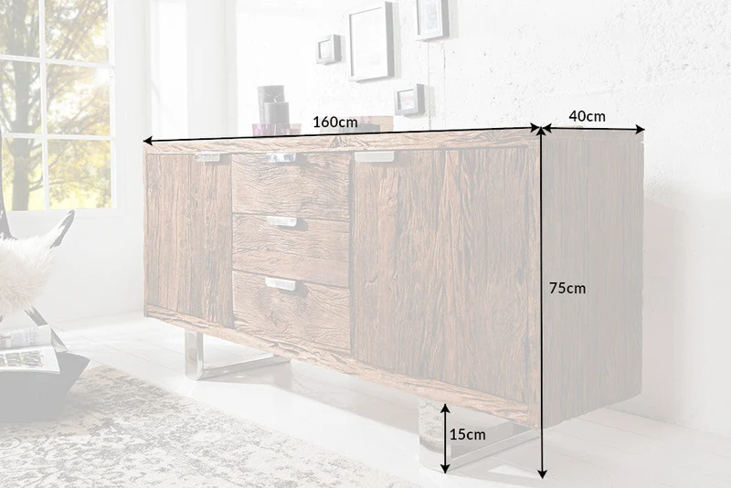 Buffet en bois massif BARRACUDA 160cm commode ancienne en teck avec pieds luges en acier