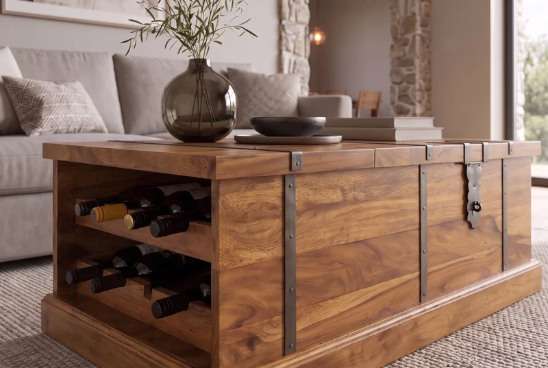 Table basse en bois massif BODEGA 100cm marron finition pierre de Sheesham coffre de rangement casier à vin