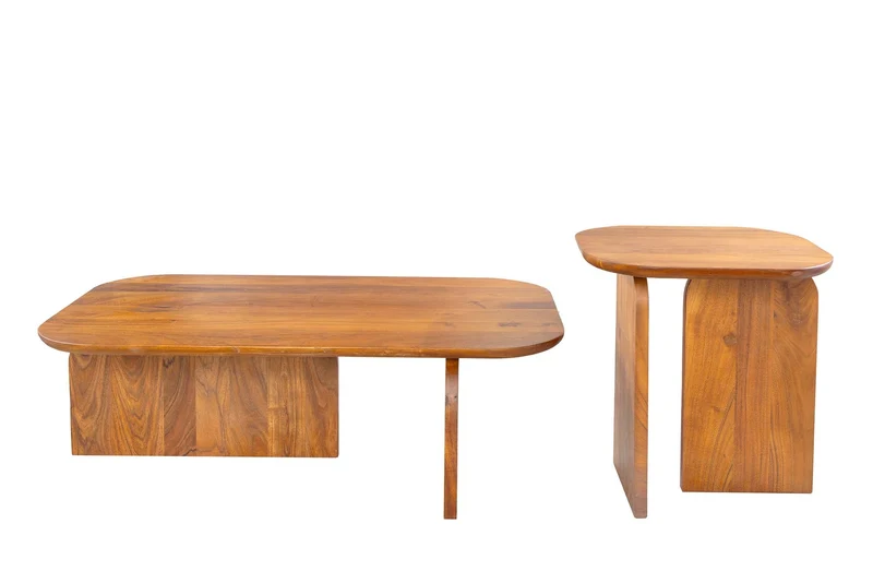Set de 2 tables basses GATSBY 100 cm en bois d’acacia brun, forme organique, table d’appoint