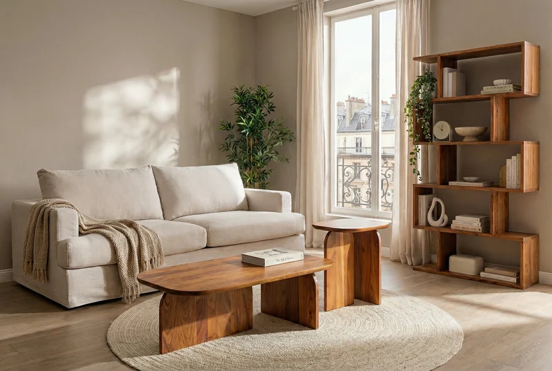 Set de 2 tables basses GATSBY 100 cm en bois d’acacia brun, forme organique, table d’appoint