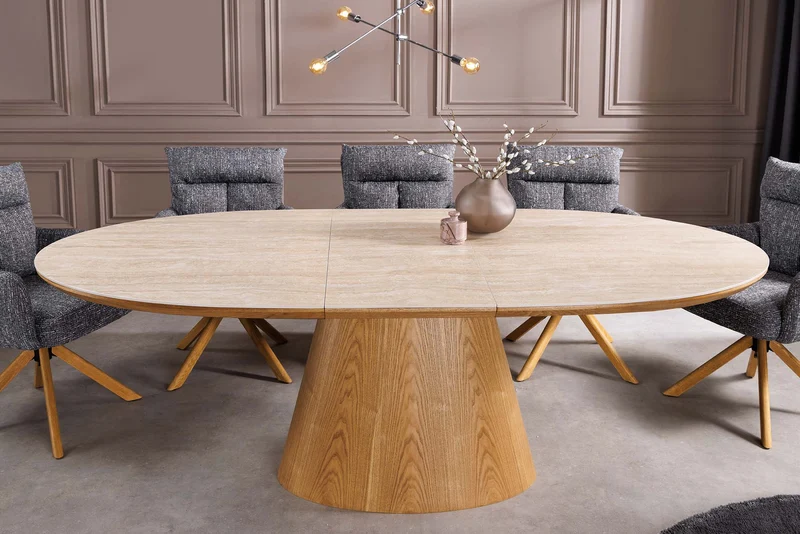 Table à manger extensible UNIQUE 160-200cm bois de chêne naturel travertin base colonne en céramique