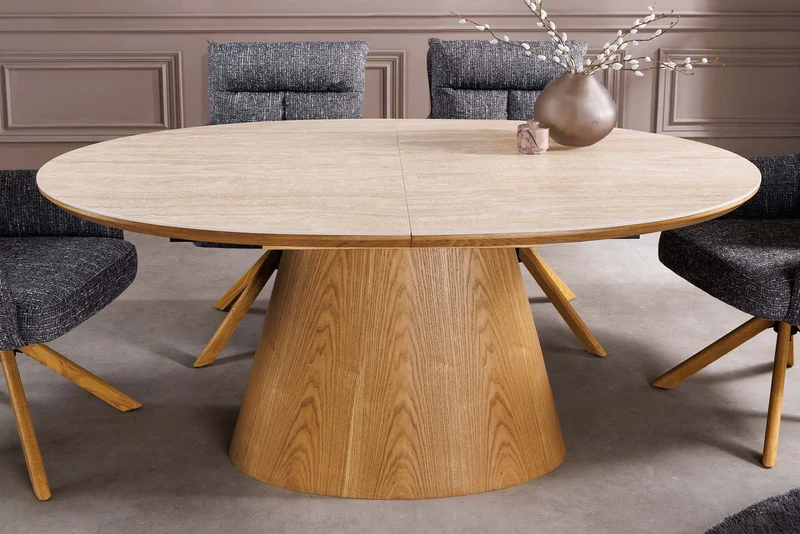 Table à manger extensible UNIQUE 160-200cm bois de chêne naturel travertin base colonne en céramique