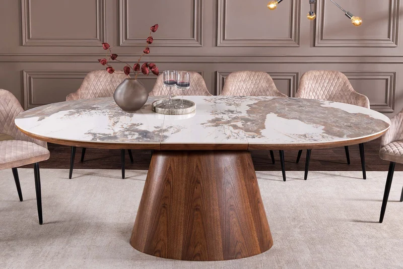 Table à manger extensible UNIQUE 160-200cm blanc Pandora céramique marron noyer pied colonne