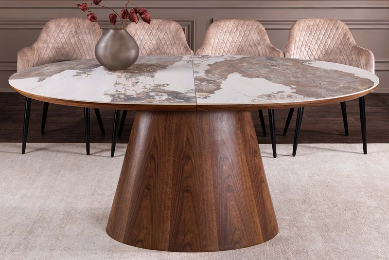 Table à manger extensible UNIQUE 160-200cm blanc Pandora céramique marron noyer pied colonne