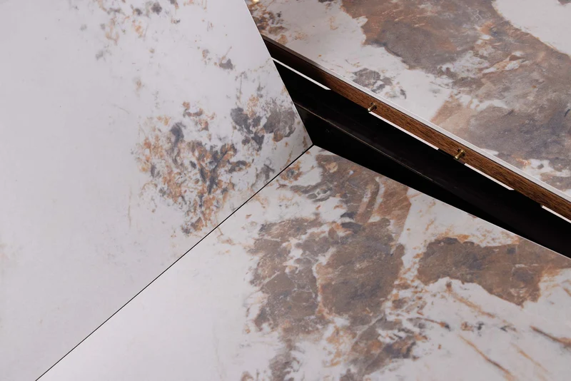 Table à manger extensible UNIQUE 160-200cm blanc Pandora céramique marron noyer pied colonne