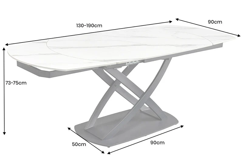 Table à manger extensible INCEPTION 130-190cm marbre blanc céramique structure métal noir
