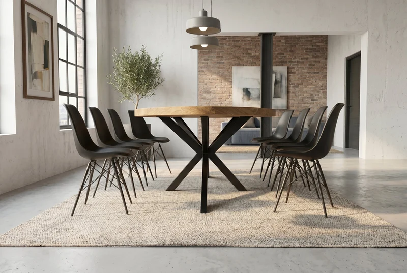 Table à manger massive GALAXIE 240cm bois de manguier marron ovale structure étoile en fer noir