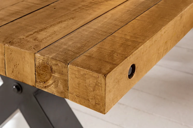 Table à manger en bois massif THOR 200cm pin marron vintage design industriel recyclé fer X-frame