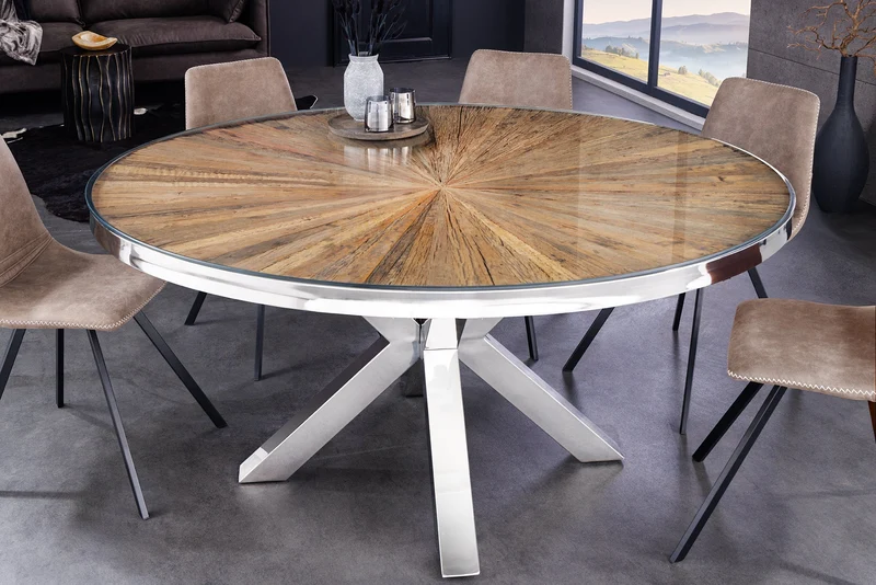Table à manger ronde BARRACUDA 140cm teck marron bois massif verre argent inox chromé