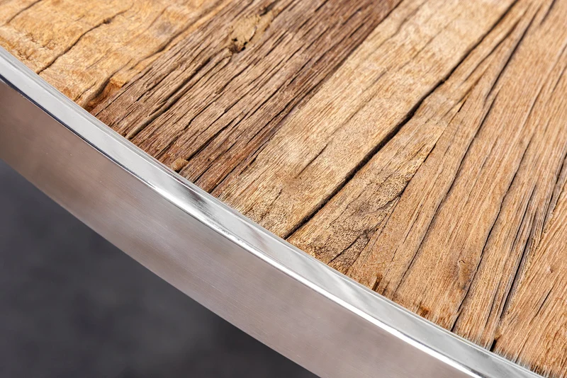 Table à manger ronde BARRACUDA 140cm teck marron bois massif verre argent inox chromé