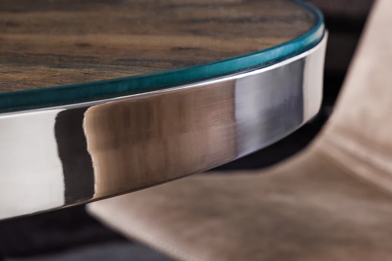 Table à manger ronde BARRACUDA 120cm teck marron bois massif plateau verre acier inoxydable argenté chromé