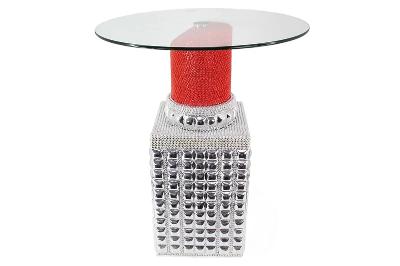 Table bistrot faite main LIPSTICK 75cm plateau rond rouge argent verre