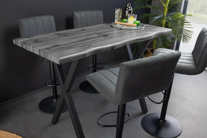 Table de bar industrielle WILD 120cm chêne sauvage gris design métal noir structure en X