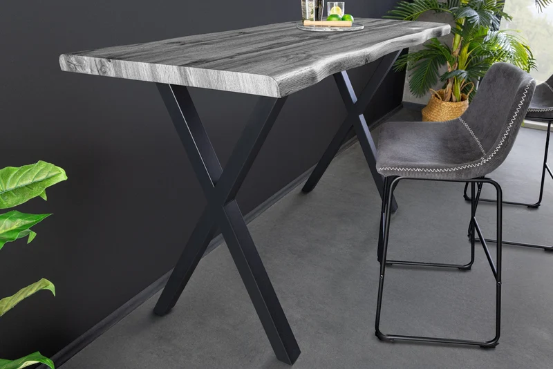 Table de bar industrielle WILD 120cm chêne sauvage gris design métal noir structure en X