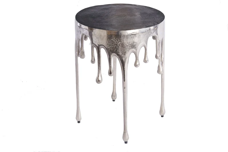 Table d’appoint extravagante LIQUID LINE 50cm argent design larme métal aluminium ronde