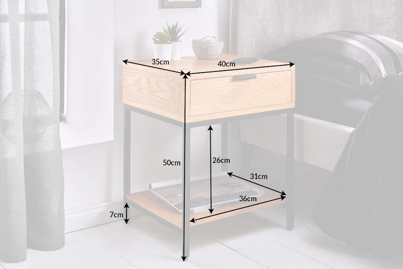 Table de chevet industrielle ELEMENTS Table d’appoint 40cm en chêne avec tiroir