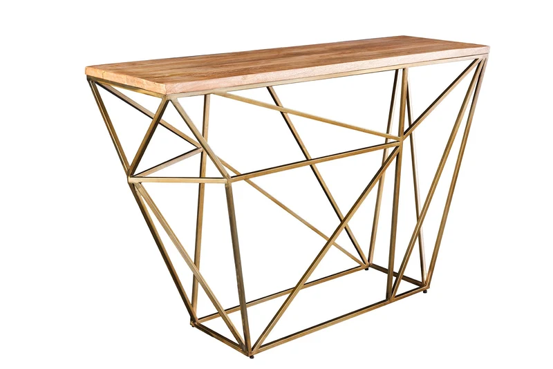 Table console abstraite DIAMOND 120cm laiton naturel structure métal bois de manguier