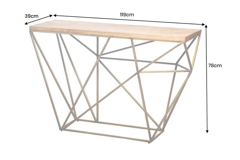 Table console abstraite DIAMOND 120cm laiton naturel structure métal bois de manguier