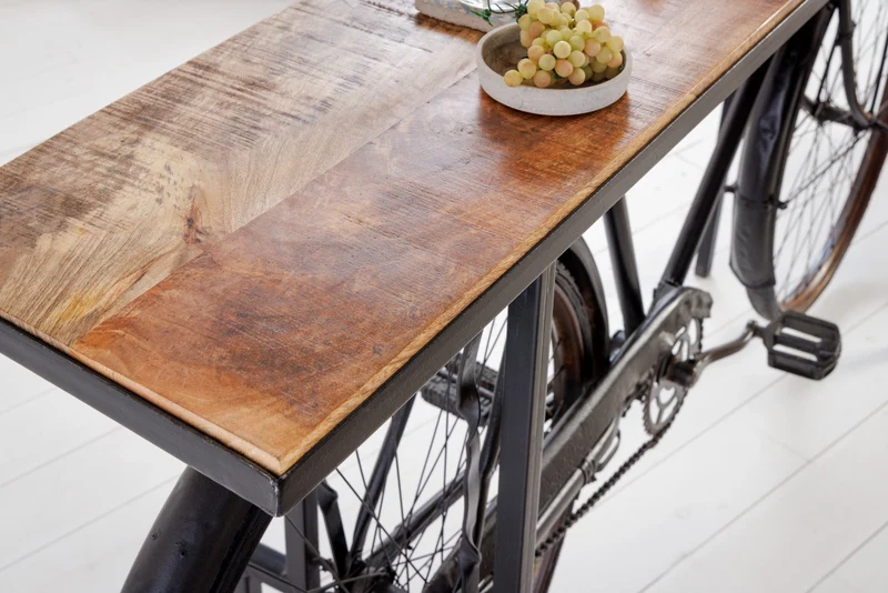 Console rétro BICYCLE 195cm table de bar vélo en bois de manguier upcycling