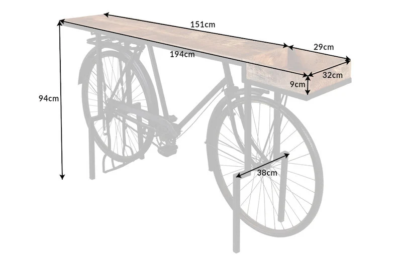 Console rétro BICYCLE 195cm table de bar vélo en bois de manguier upcycling
