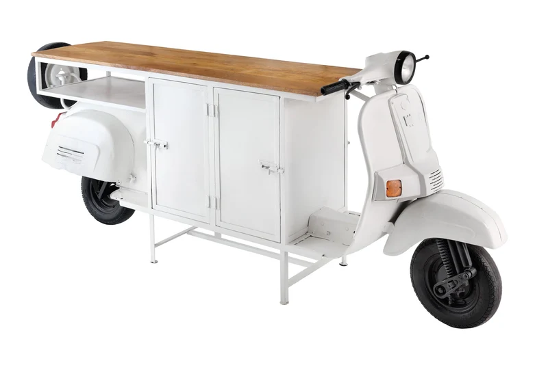 Meuble bar extravagant SCOOTER 250cm blanc rétro console scooter avec bois de manguier upcyclé